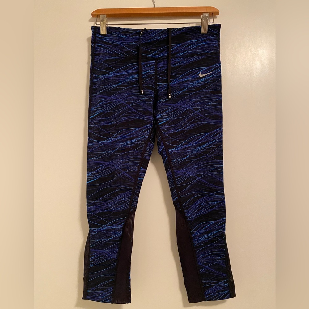Nike, Running Yoga Tights, sz M, black blue pattern, capris, sheer inset details